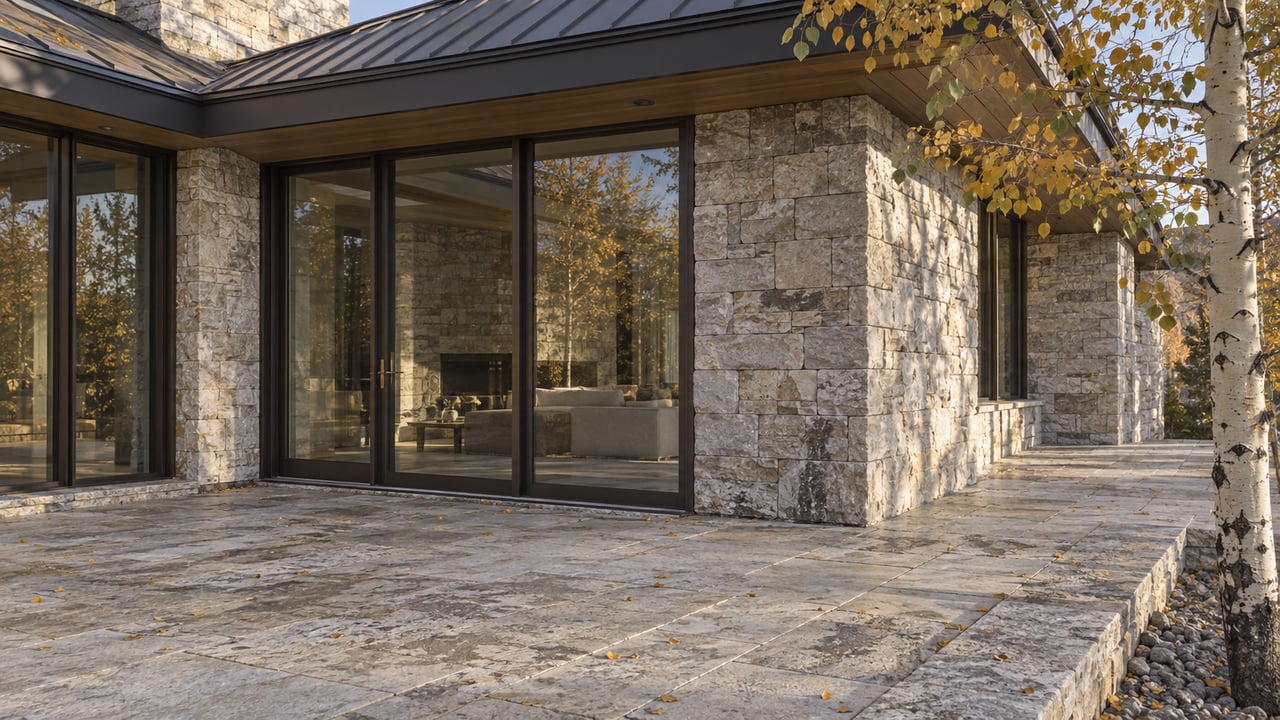 Mountain home corner with glass panels and pale limestone terrace beside a sparse, yellowing aspen.