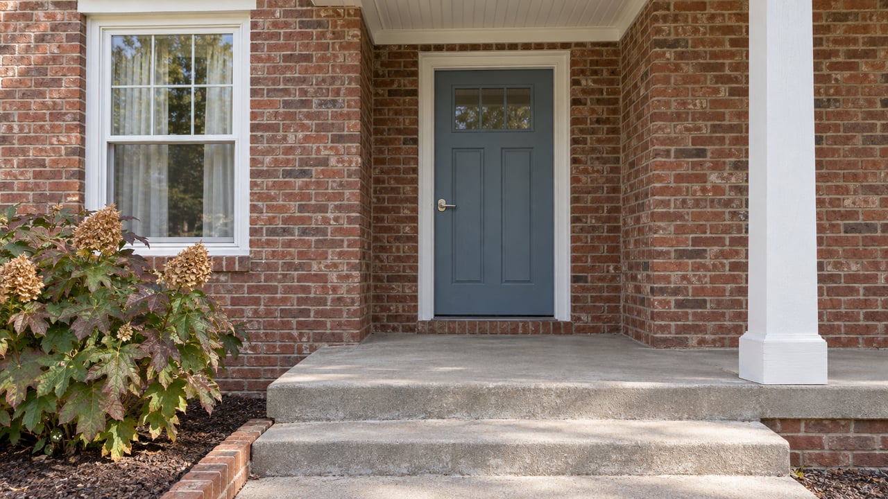Close view of a brick home's covered entry with a blue-gray door, white trim, concrete steps, and an oakleaf hydrangea.