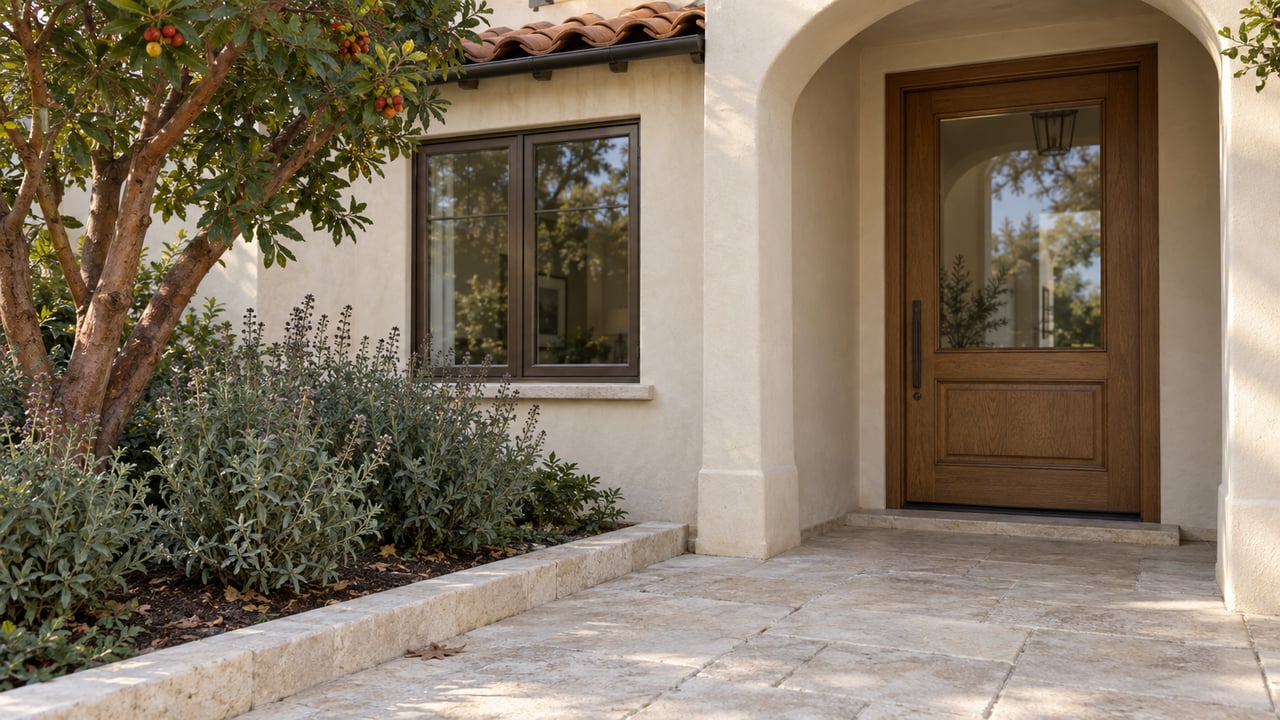 Cream stucco home with a clay-tile eave, recessed oak-and-glass entry and limestone path beside a strawberry tree and Cleveland sage.