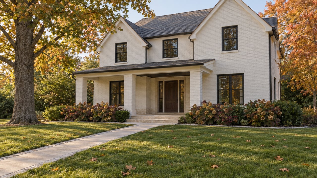 White-painted brick gabled home with black-framed windows, a limestone entry and a deep lawn beneath trees showing early fall color.