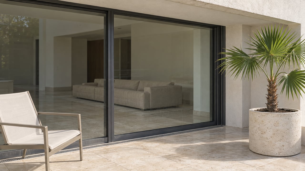 Sunlit limestone condominium terrace with charcoal-framed glass doors, an ivory lounge chair and a single fan palm in a stone planter.