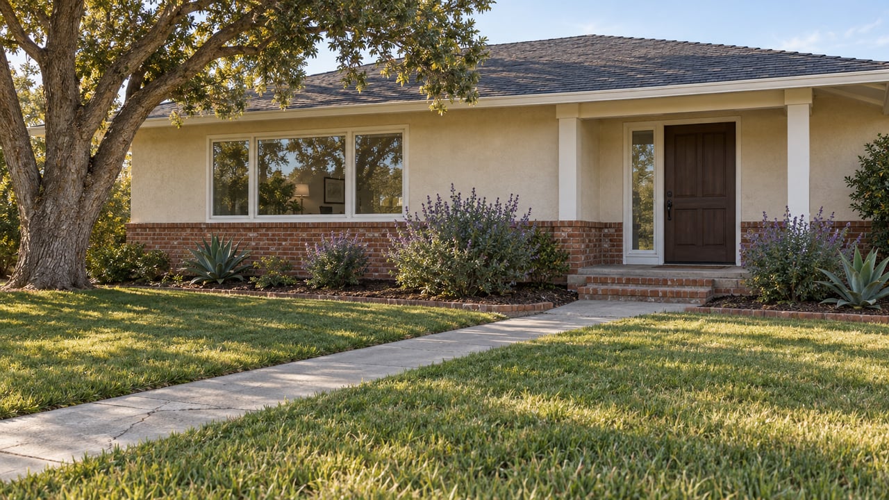 A modest single-story stucco and brick home with a broad front lawn, brick-edged concrete walk and mature oak in afternoon light.