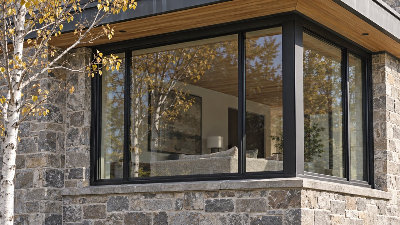 Close view of a condominium corner window framed by weathered stone and cedar, with golden aspen branches at the edge.