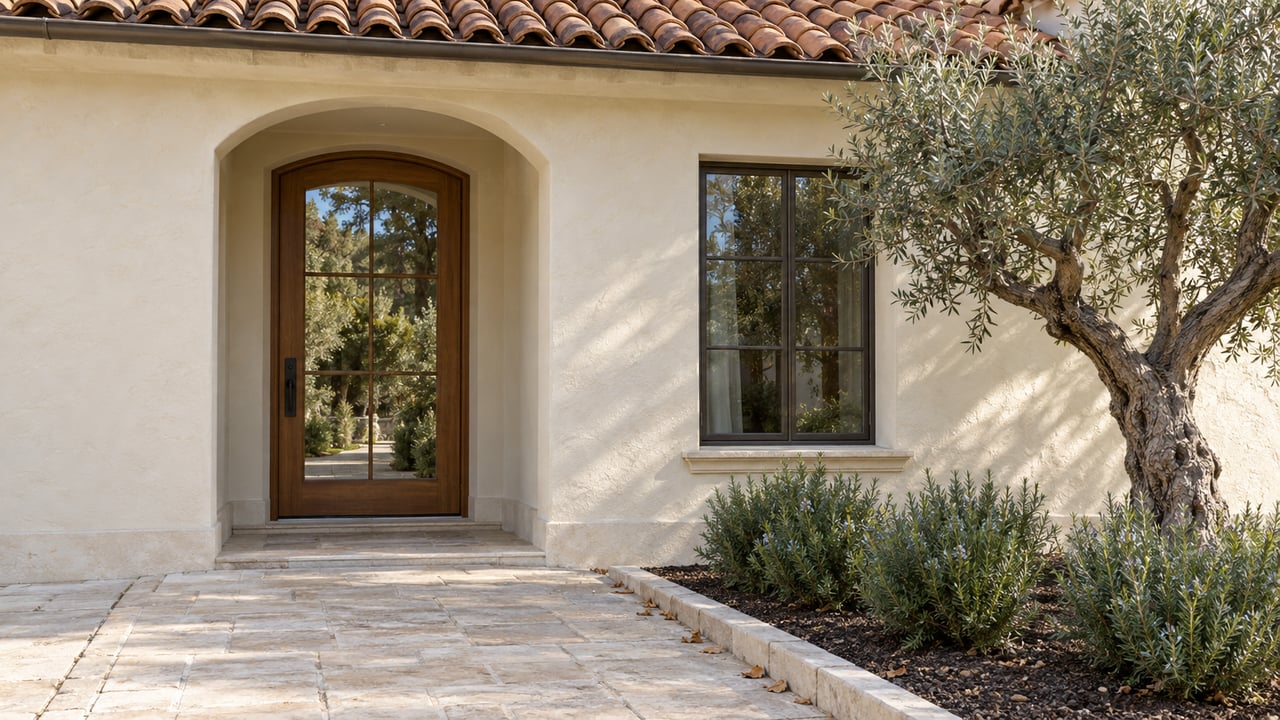 Cream stucco entrance with a glazed oak door, terracotta roof tiles, and a pruned olive tree.
