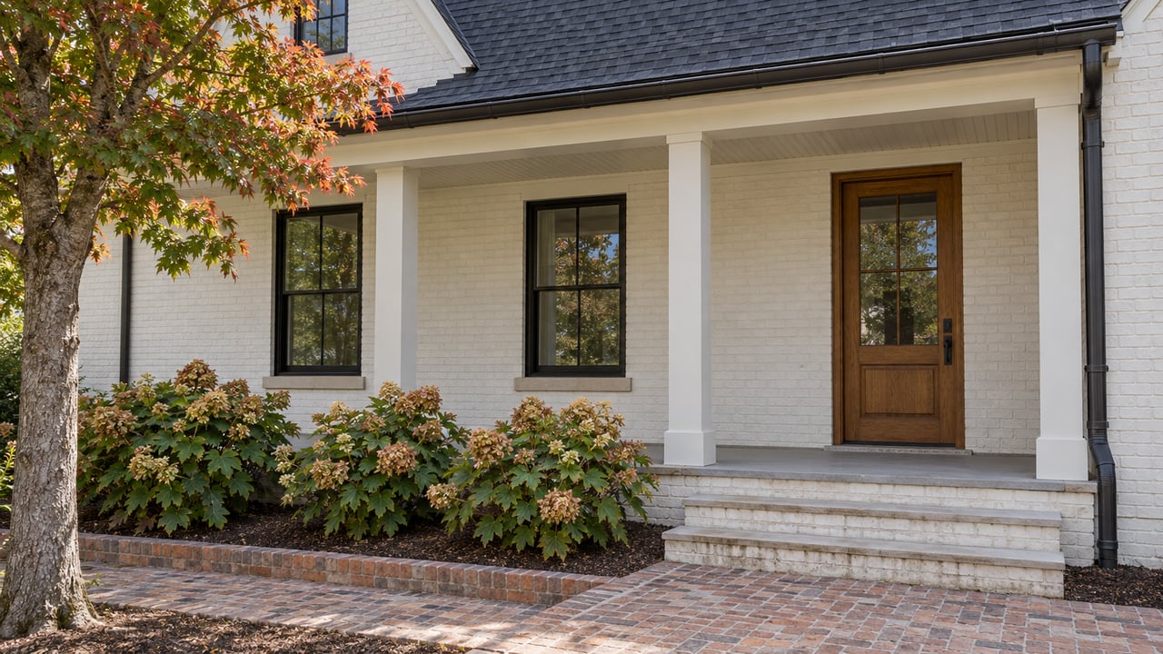 White painted-brick home with a sheltered timber entry, black sash windows, brick steps and oakleaf hydrangeas beside the walk.