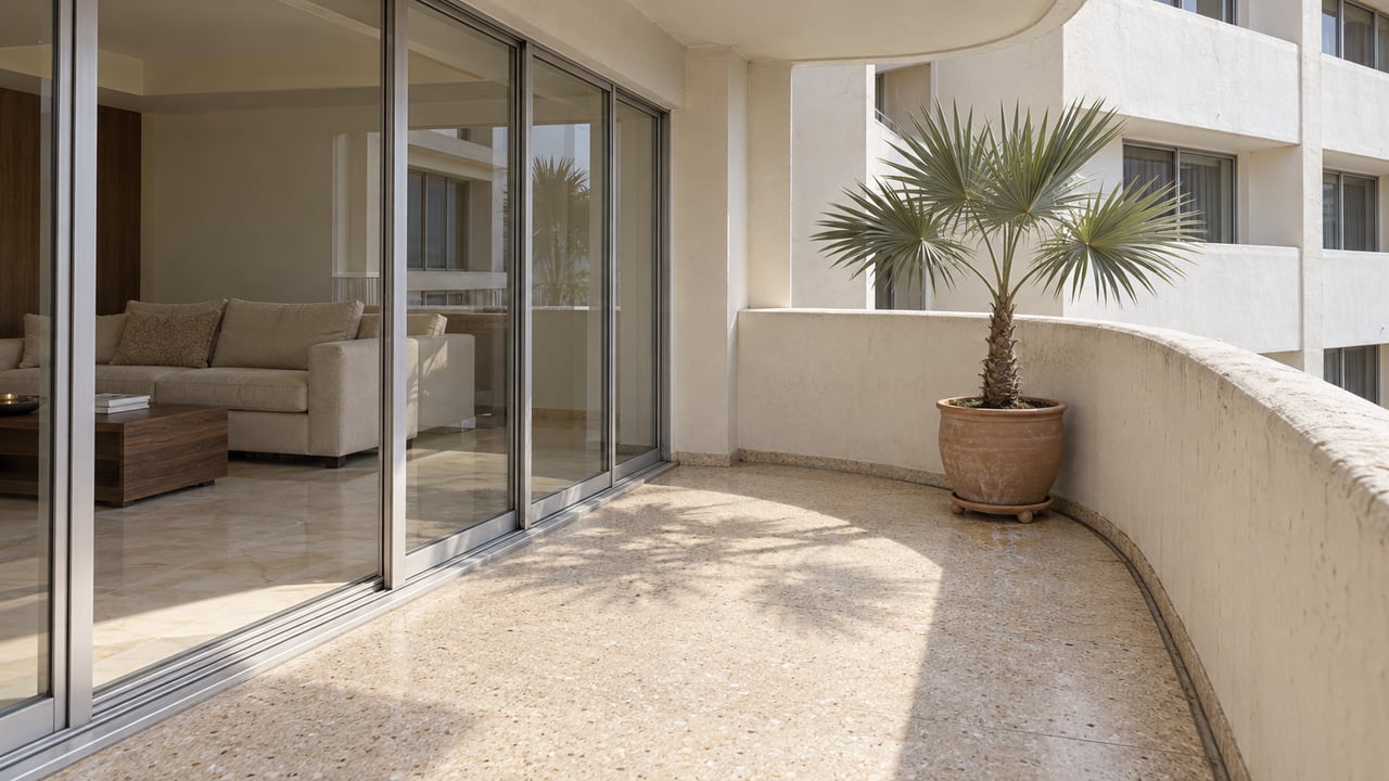 Sunlit terrazzo terrace with a curved white parapet, a silver thatch palm and closed sliding glass doors into a pale marble-floored living room.