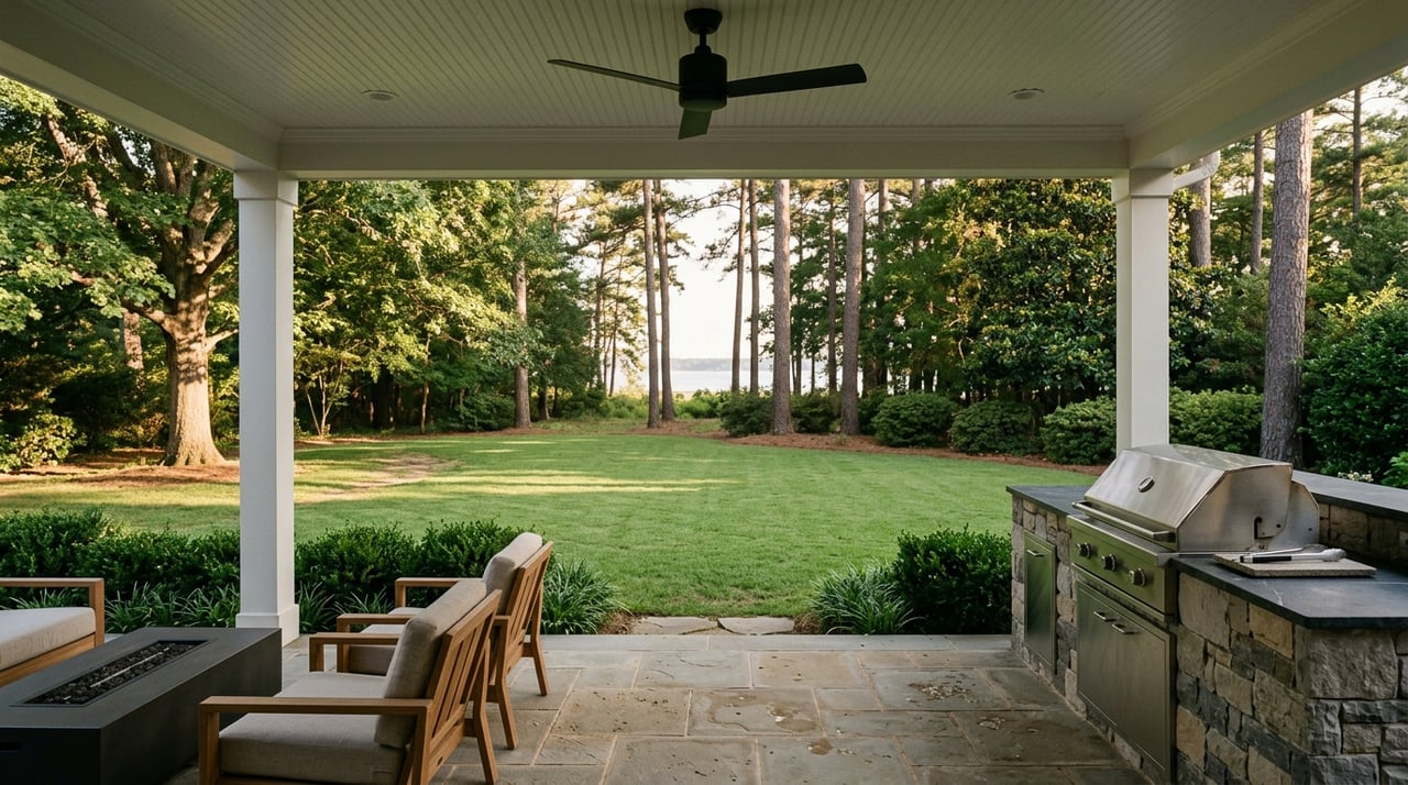 Craftsman porch overlooking a deep backyard, wooded buffer, and glimpse of lake water.