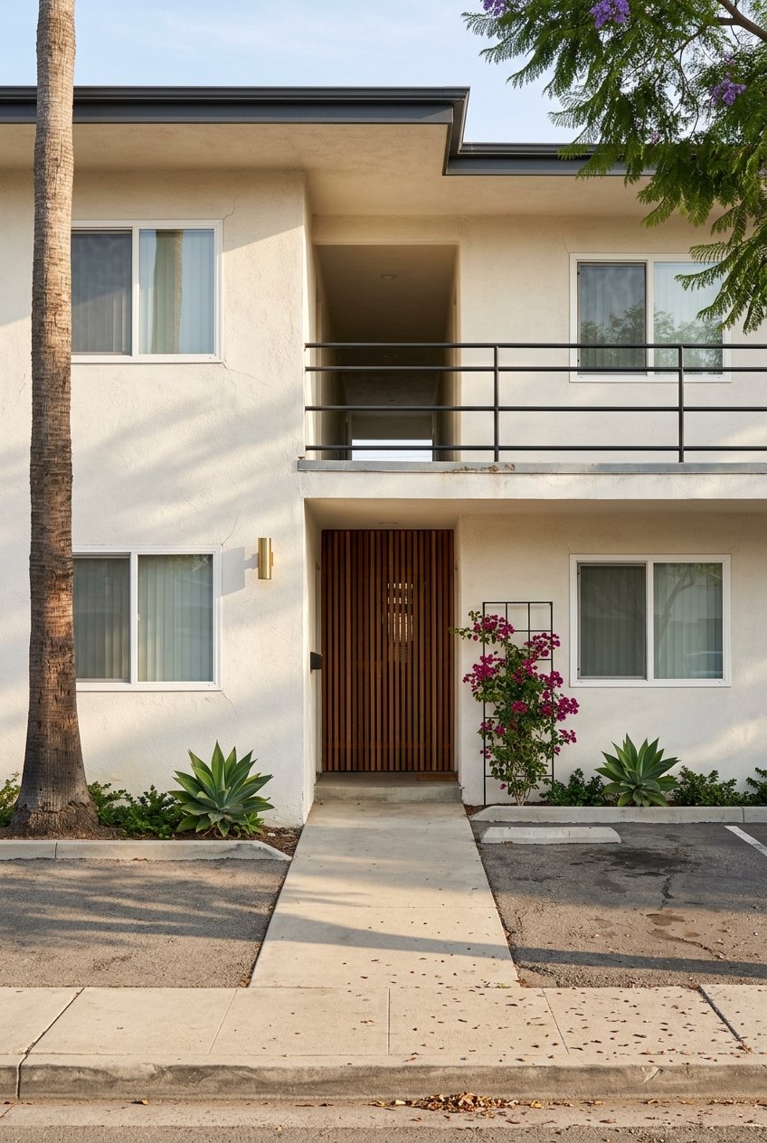 Midmarket fourplex exterior in warm daylight.