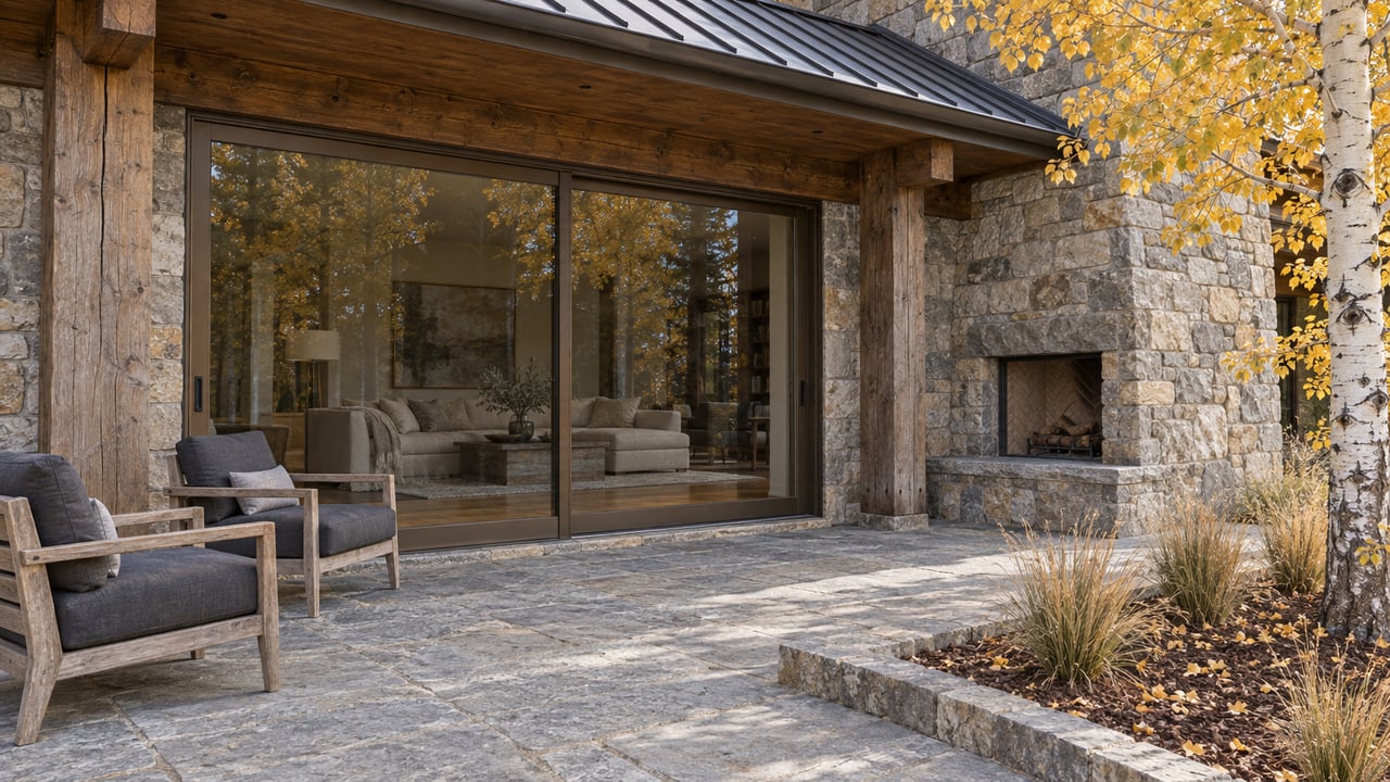 Autumn terrace beside a timber-and-stone home, with closed bronze-framed glass doors, teak chairs and a gold-leaved aspen.