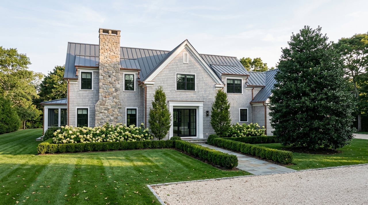 New shingle-style home with a fieldstone chimney, broad lawn, gravel drive, and bluestone walkway.
