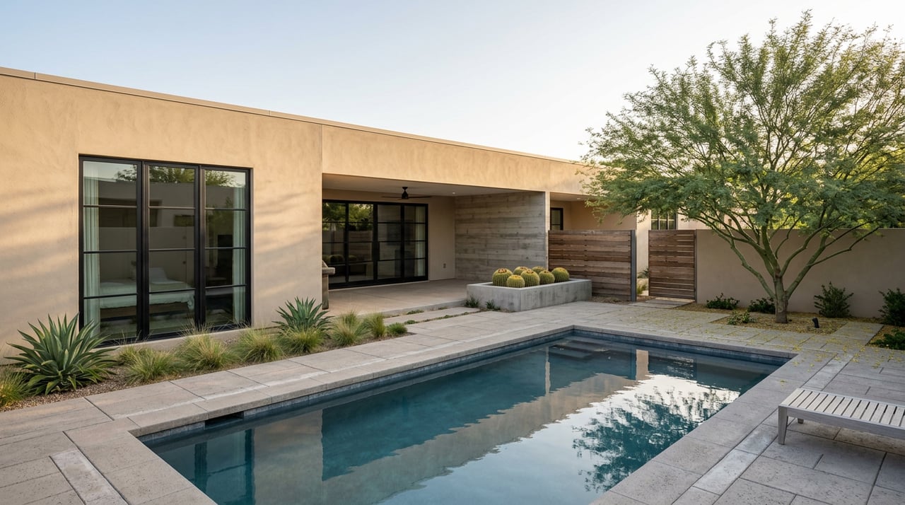 Desert-modern courtyard with a slate-blue pool, glazed facade, palo verde tree, and barrel cacti.