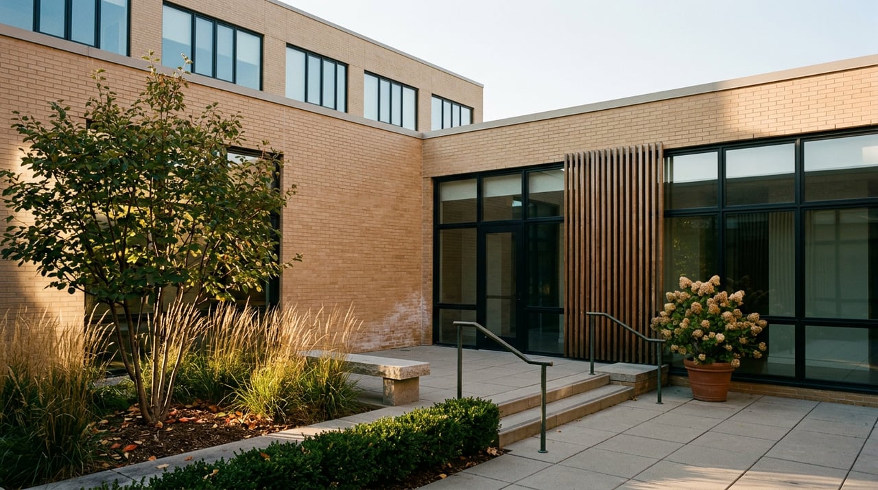 Mid-rise courtyard between buff brick and glass facades, with a wood screen, planters, concrete paving, and stone bench.
