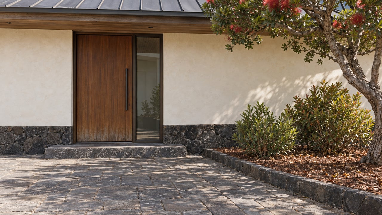 Upland home with ivory plaster walls, a wood entry door, basalt-paver approach, and planted bed.