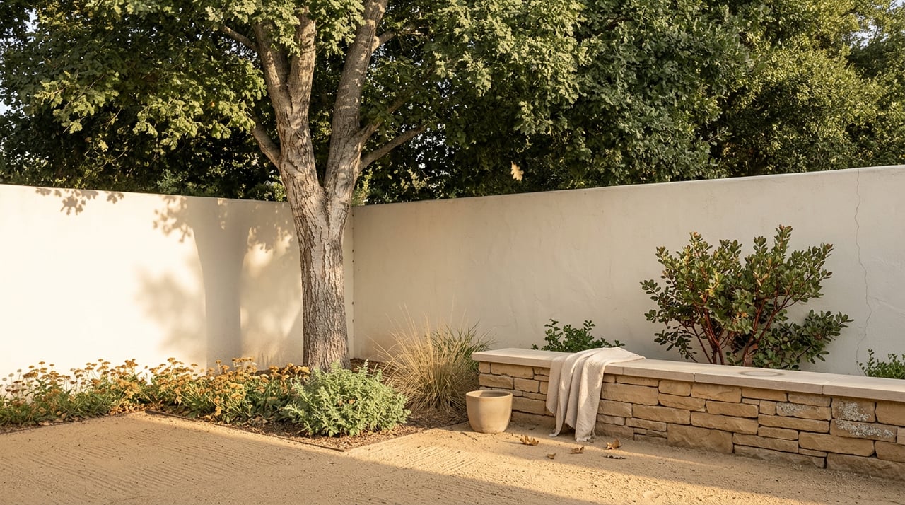 A shaded courtyard with a valley oak, sandstone seat wall, and scattered dry leaves.