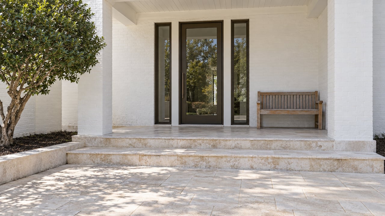 White masonry home with a shaded glazed entry, pale limestone steps, a weathered teak bench and a sculptural yaupon tree.