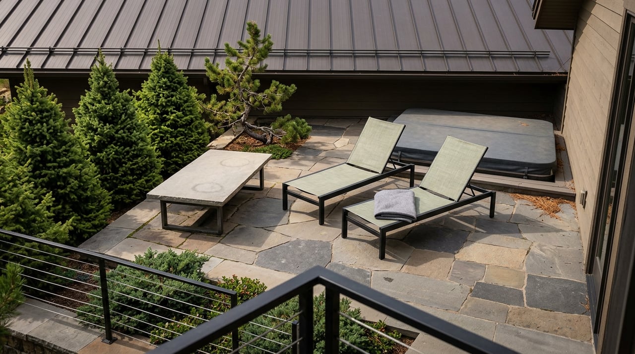 Flagstone terrace with two sage sling chairs, stone table, closed hot tub, and dense evergreen screen.