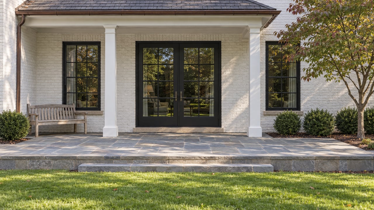 White-painted brick home with closed black French doors, a sandstone terrace, weathered teak bench, and a dogwood beginning to turn burgundy.