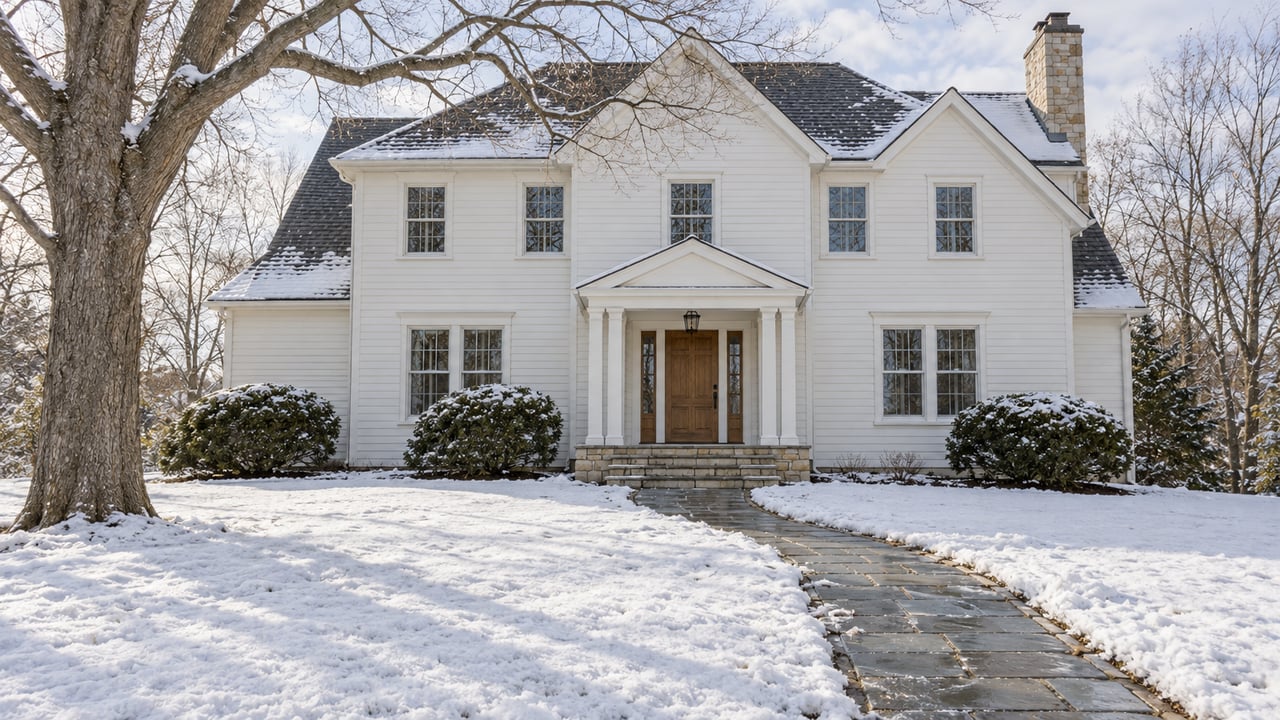 Snow-covered front lawn leading to a white clapboard home with steep gables, limestone entry steps and a mature bare oak.