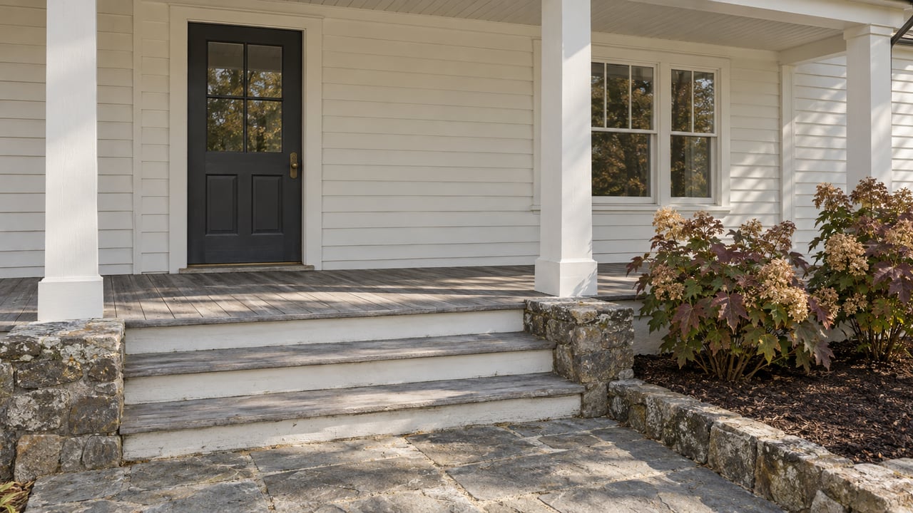 White clapboard home entry with a charcoal door, weathered porch steps, fieldstone landing and autumn oakleaf hydrangeas.