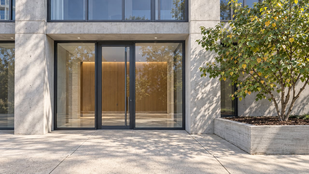 Contemporary residential entrance with charcoal-framed glazing, pale concrete paving, and a single redbud in a raised concrete planter.