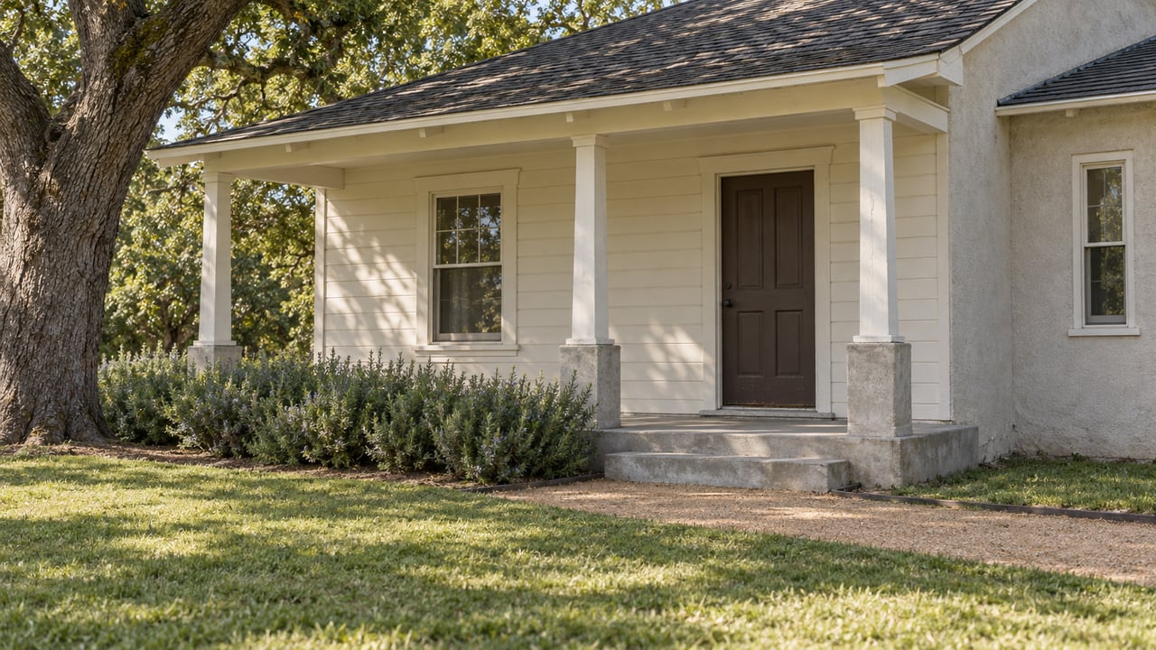 Cream clapboard house with a recessed stucco wing, oak canopy, porch, and granite path across the lawn.