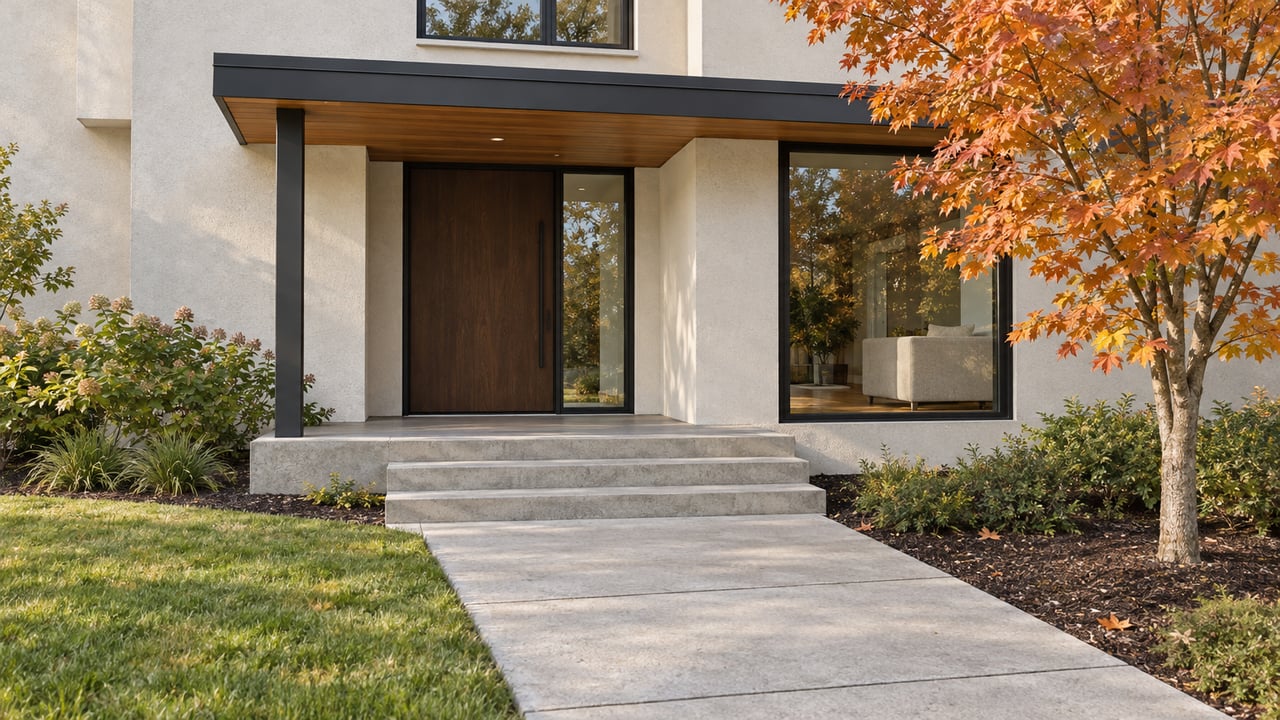 A contemporary home's recessed oak entry, black-framed windows and concrete approach beside a copper-leaved maple.