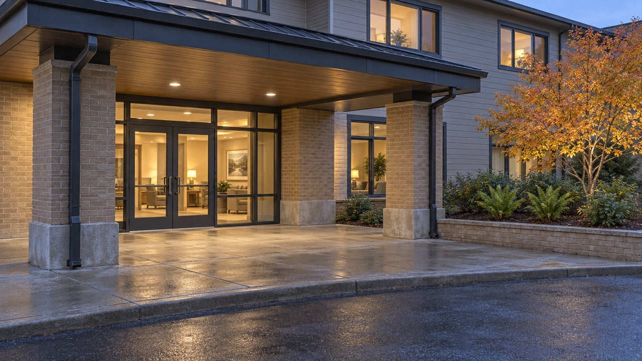 Covered residential-care entrance with buff brick piers, glazed doors, a broad concrete landing and autumn vine maple planting at dusk.