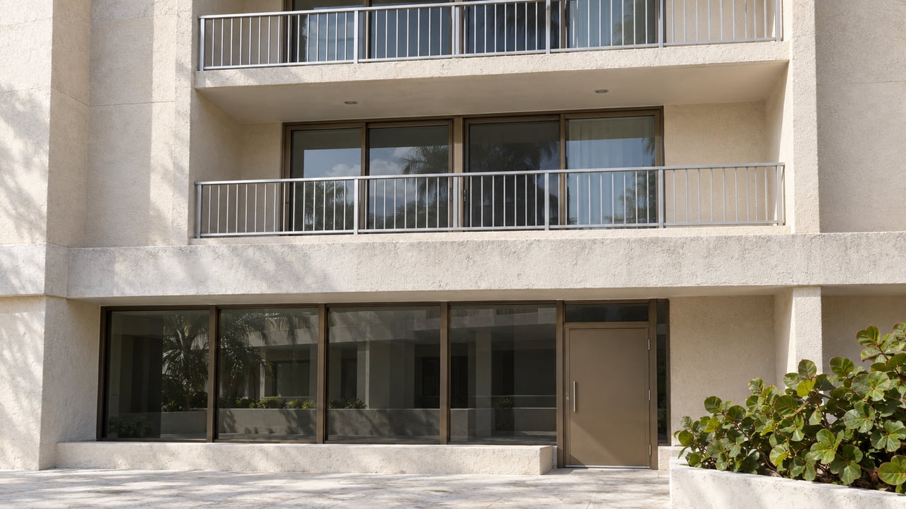 Older condominium facade with two recessed balconies, a glazed lobby, concrete forecourt, and broad-leaved tree.
