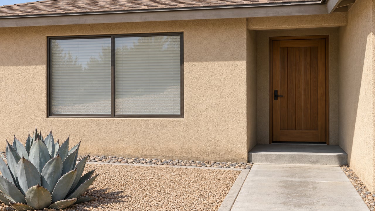 Tan stucco home with a shaded front window, recessed timber door, concrete approach and a blue-gray agave in a gravel bed.