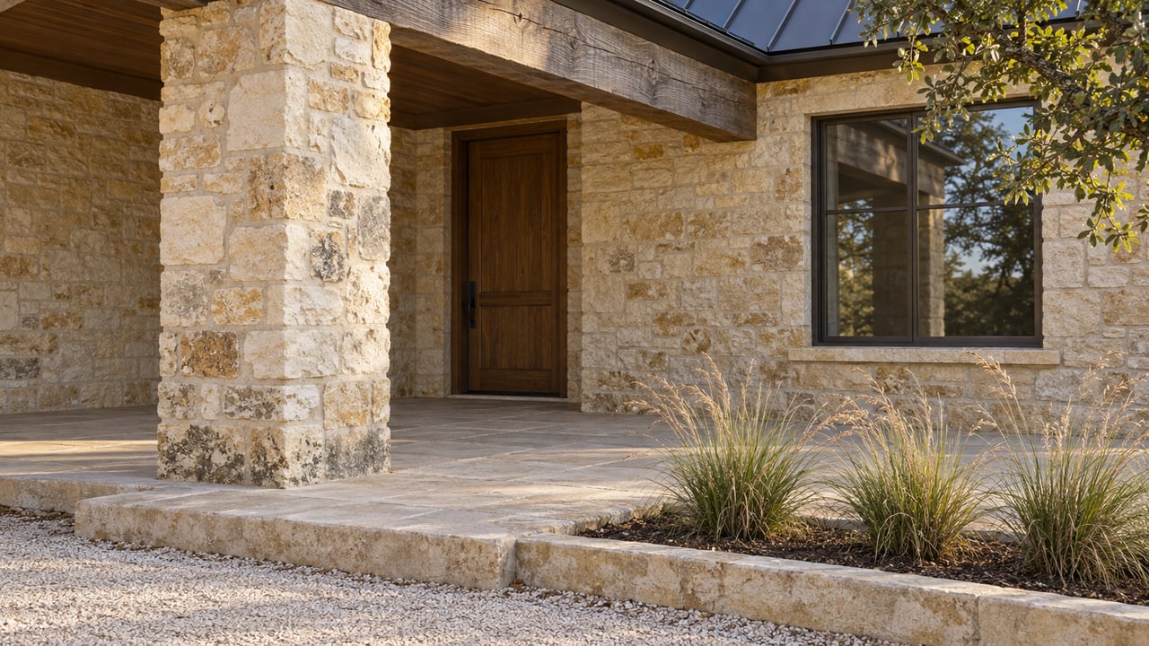 Close view of a limestone home's covered entry, weathered timber beam, oak door and stone steps beside native grass.