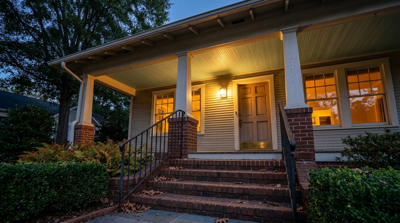Craftsman bungalow porch with glowing windows, brick steps, clipped hedges, and fallen leaves at dusk.