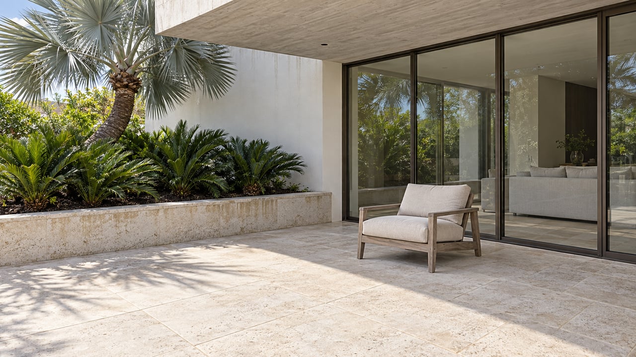 Pale limestone terrace beside a glazed contemporary home, with a teak lounge chair and a silver fan palm in a raised stone planter.