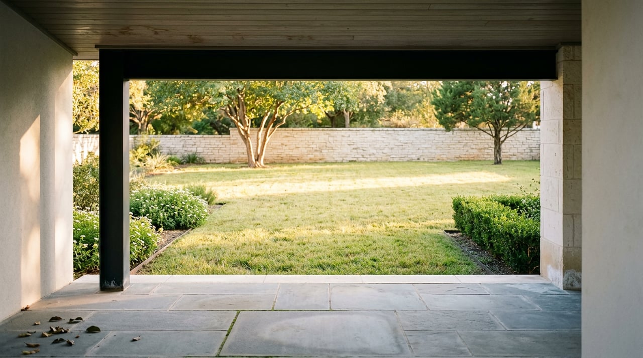 Covered porch with black steel column and limestone pier overlooking a sunlit lawn, specimen tree, and low stone wall.