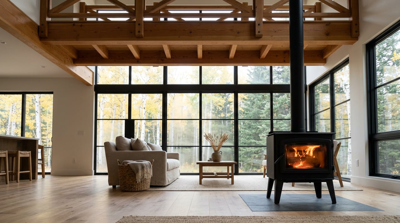 Double-height timber great room with a black stove, glazed wall, and golden aspens beyond.
