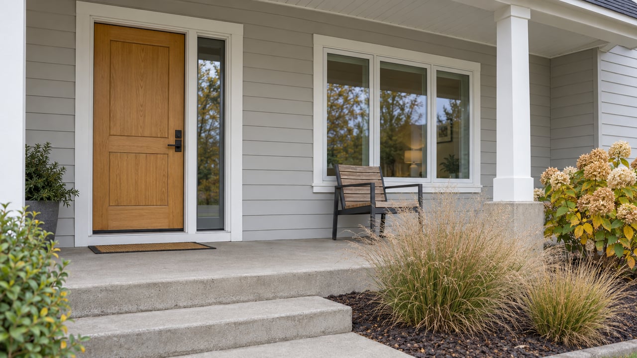 Covered home entry with an oak door, pale siding, concrete steps, a cedar-slat chair and autumn planting.