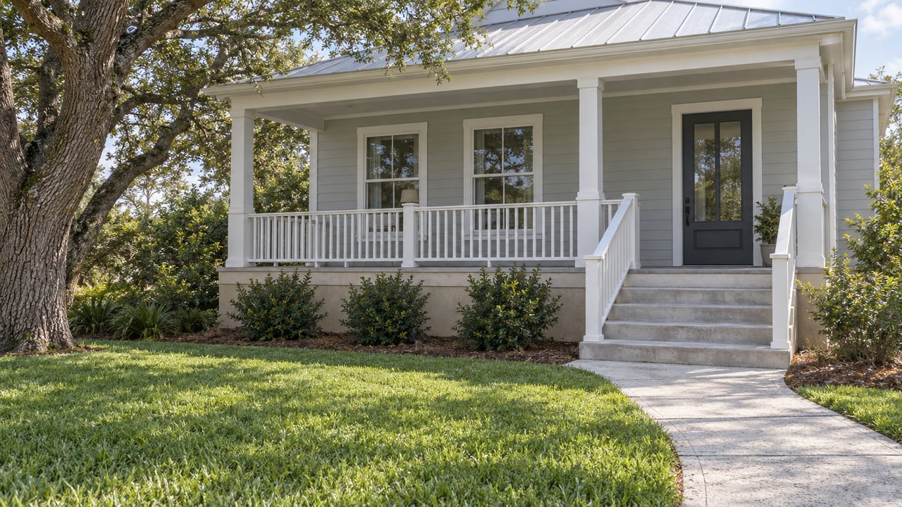 Light gray elevated home with a covered front porch, broad entry steps, a concrete walk and a lawn beneath a spreading live oak.