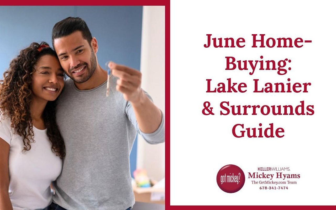 June Home-Buying: Lake Lanier & Surrounds Guide, with a smiling couple holding a key.
