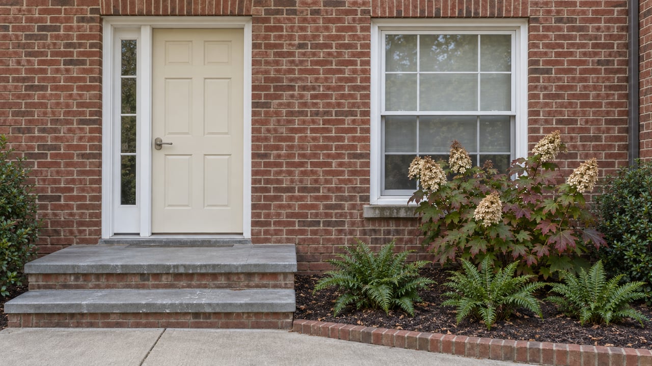 Red brick attached-home entrance with a cream door, white-trimmed window, limestone steps and oakleaf hydrangea.