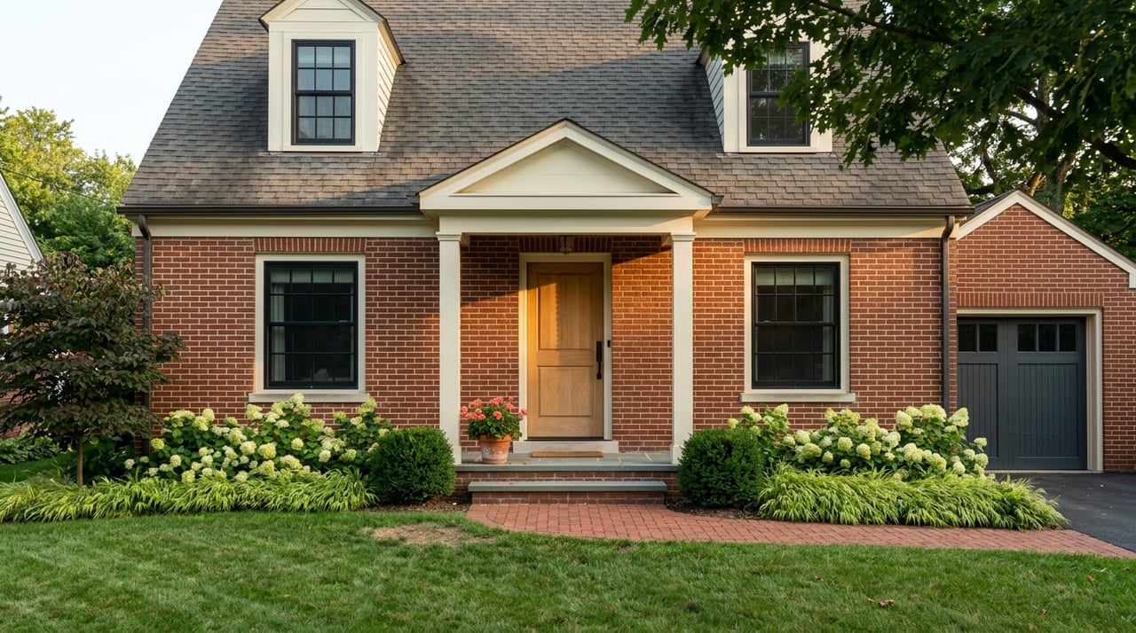Two-story red-brick home with twin roof dormers, cream-trimmed porch, oak door, and curved brick walkway.