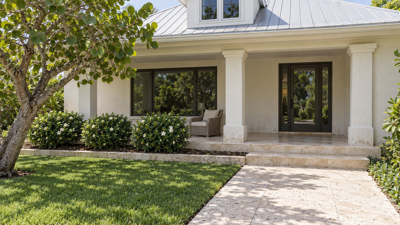 Cream stucco bungalow with a shaded limestone porch, silver metal roof and a garden of sea grape and gardenia beside a stone entry walk.