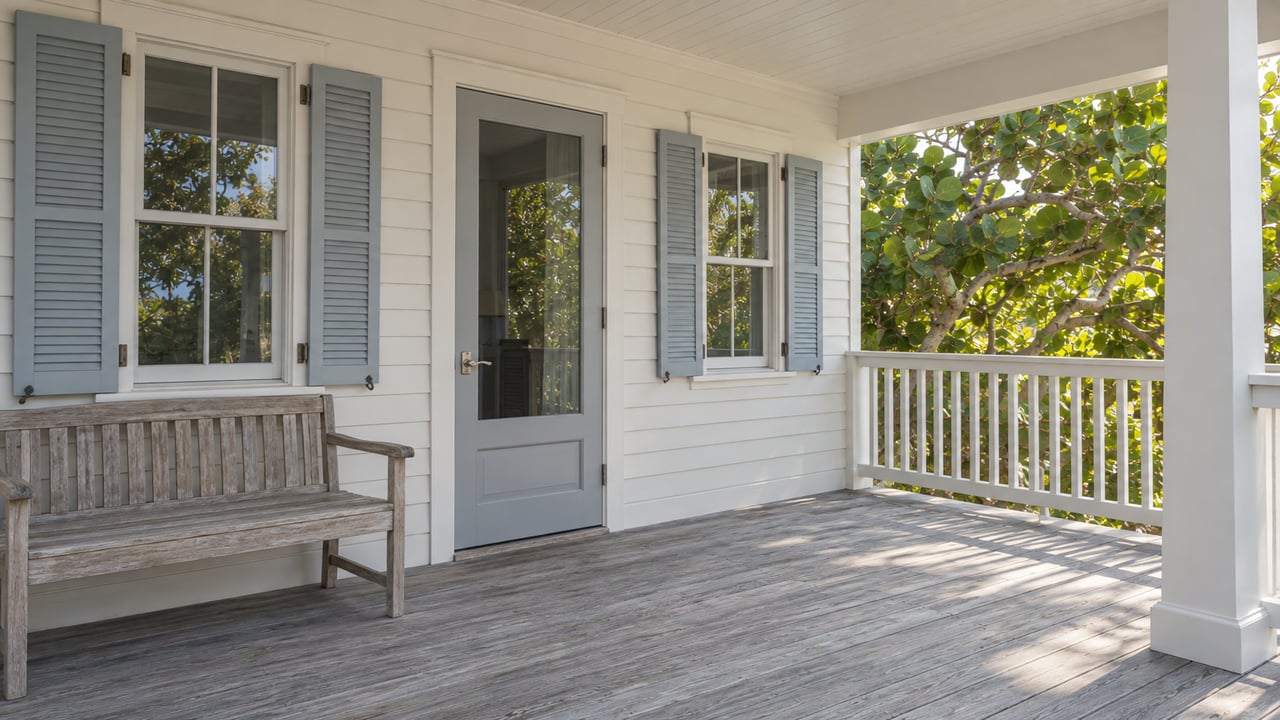 An elevated covered veranda with white siding, slate-blue shutters, silver-gray wood decking and a weathered teak bench beside a glazed entrance.