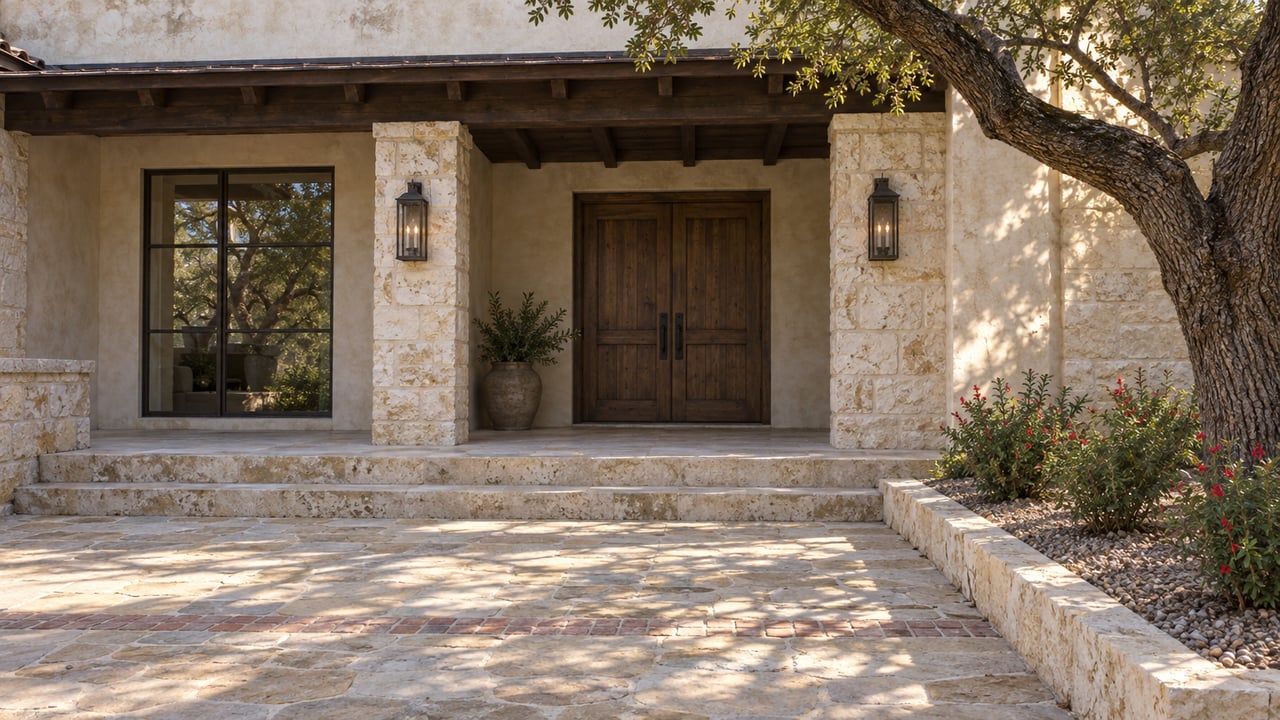 Limestone and pale plaster home with a shaded timber porch, double wooden doors, worn flagstone courtyard and a mature live oak.