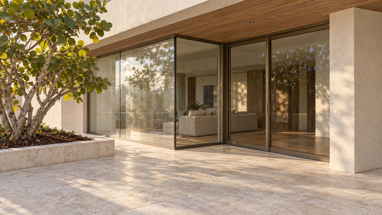 Cream stucco condominium terrace with teak soffit, bronze-framed glass and ivory limestone beside a sculptural sea grape tree.