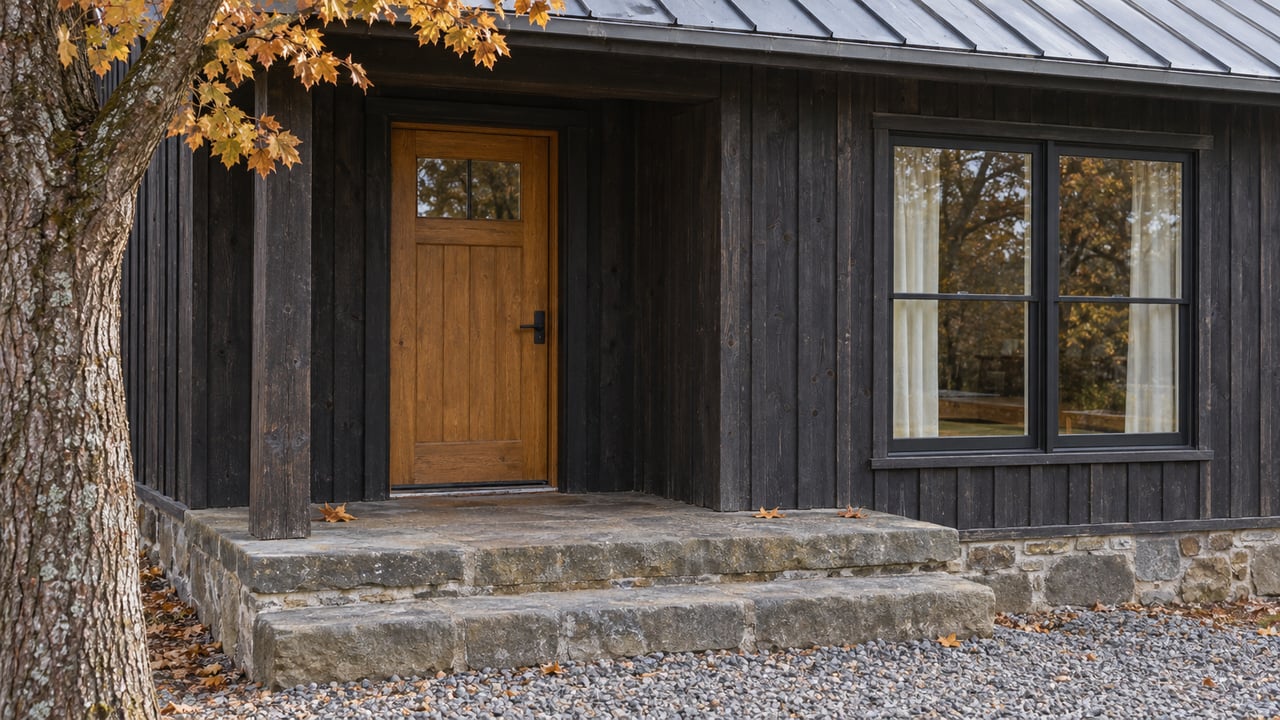 Charcoal timber cottage entry with a honey-colored wood door, closed window, worn stone steps, and an autumn sugar maple.