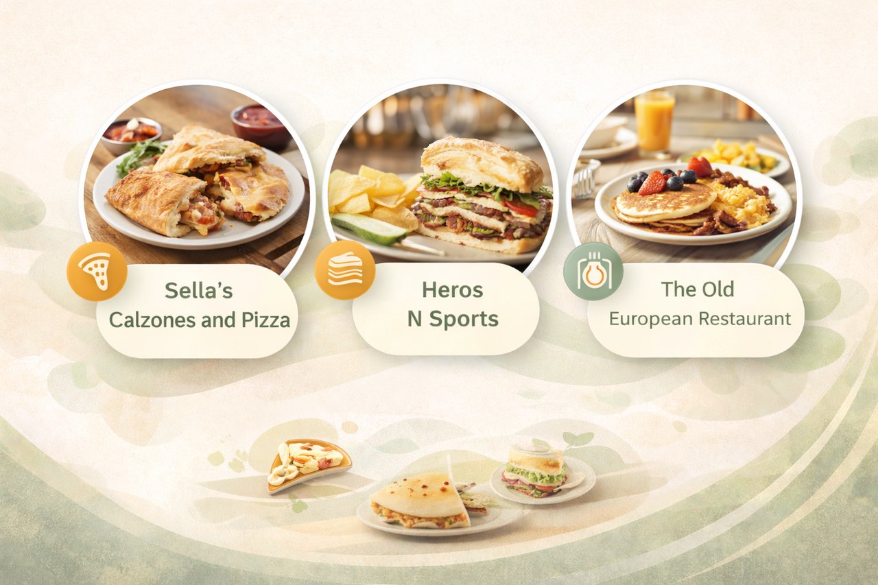 Clean modern graphic for Best Food in Pullman WA featuring Sella’s Calzones and Pizza, Heros N Sports, and The Old European Restaurant with subtle food icons