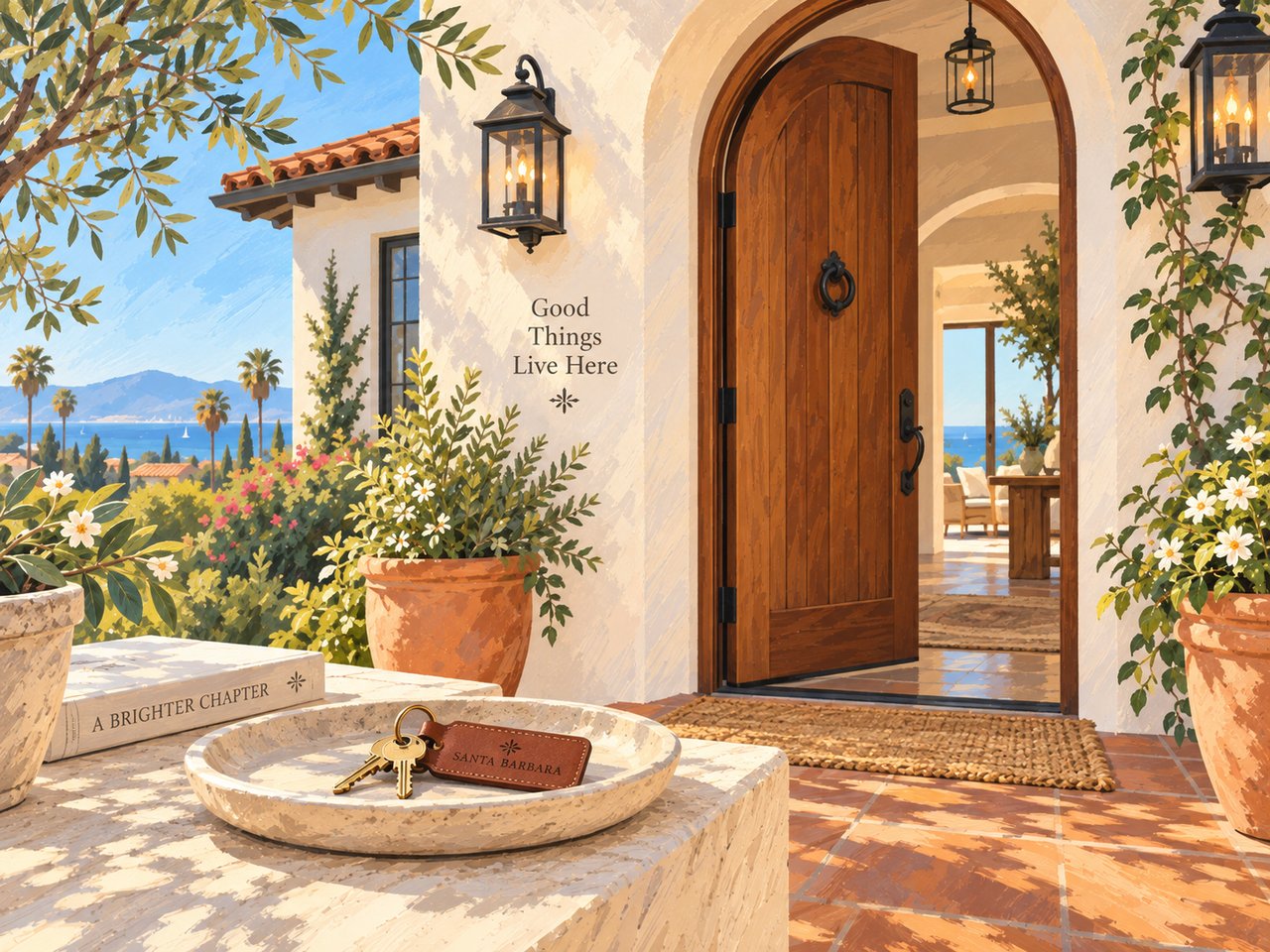 Illustrated Santa Barbara home entrance with an open wooden door, ocean view, and keys.