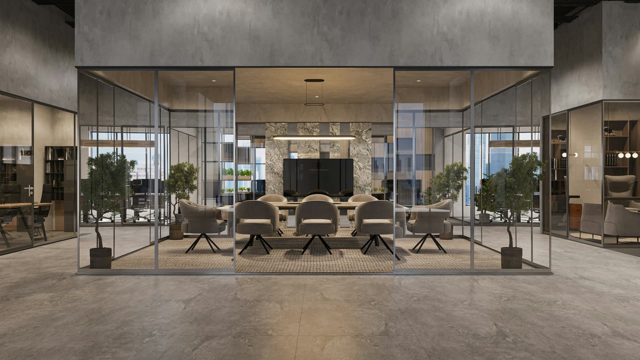 Spacious modern conference room with glass walls, beige swivel chairs, and a large TV screen on a marble accent wall.