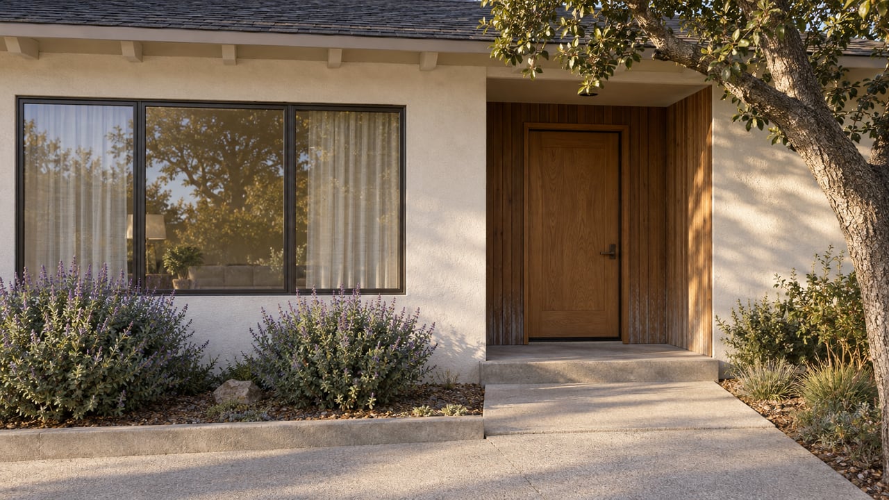 An updated single-story home with textured stucco, a cedar-lined entry, a broad window and sage planting beside a concrete walk.