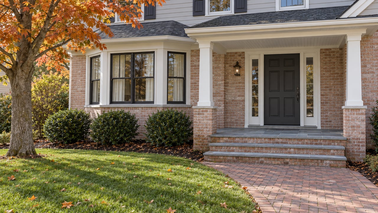 Brick and light-gray-sided home with a covered front entry, flagstone porch, brick approach and autumn maple.