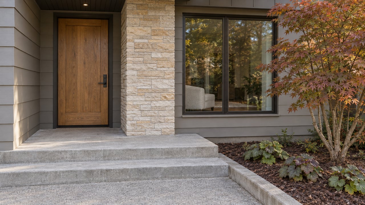 Updated residential entry with an oak door, limestone pier, bronze-framed window, concrete steps, and a Japanese maple.